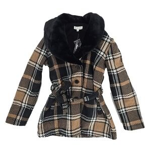 Ellen Reyes Women's Coat Sz Medium Petite Button Up Faux Fur Collar Pockets Warm